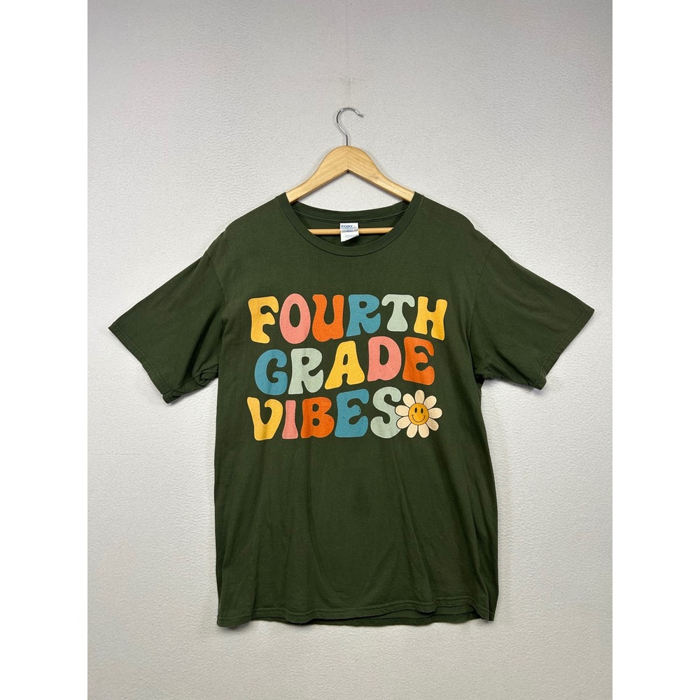 Retro Groovy Port & Company Unisex Large Olive Green Fourth Grade Vibes T-Shirt